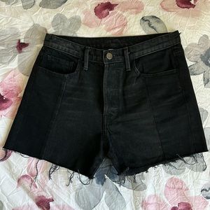Frame Denim High Rise Patchwork Light Distress Raw Edge Black Shorts